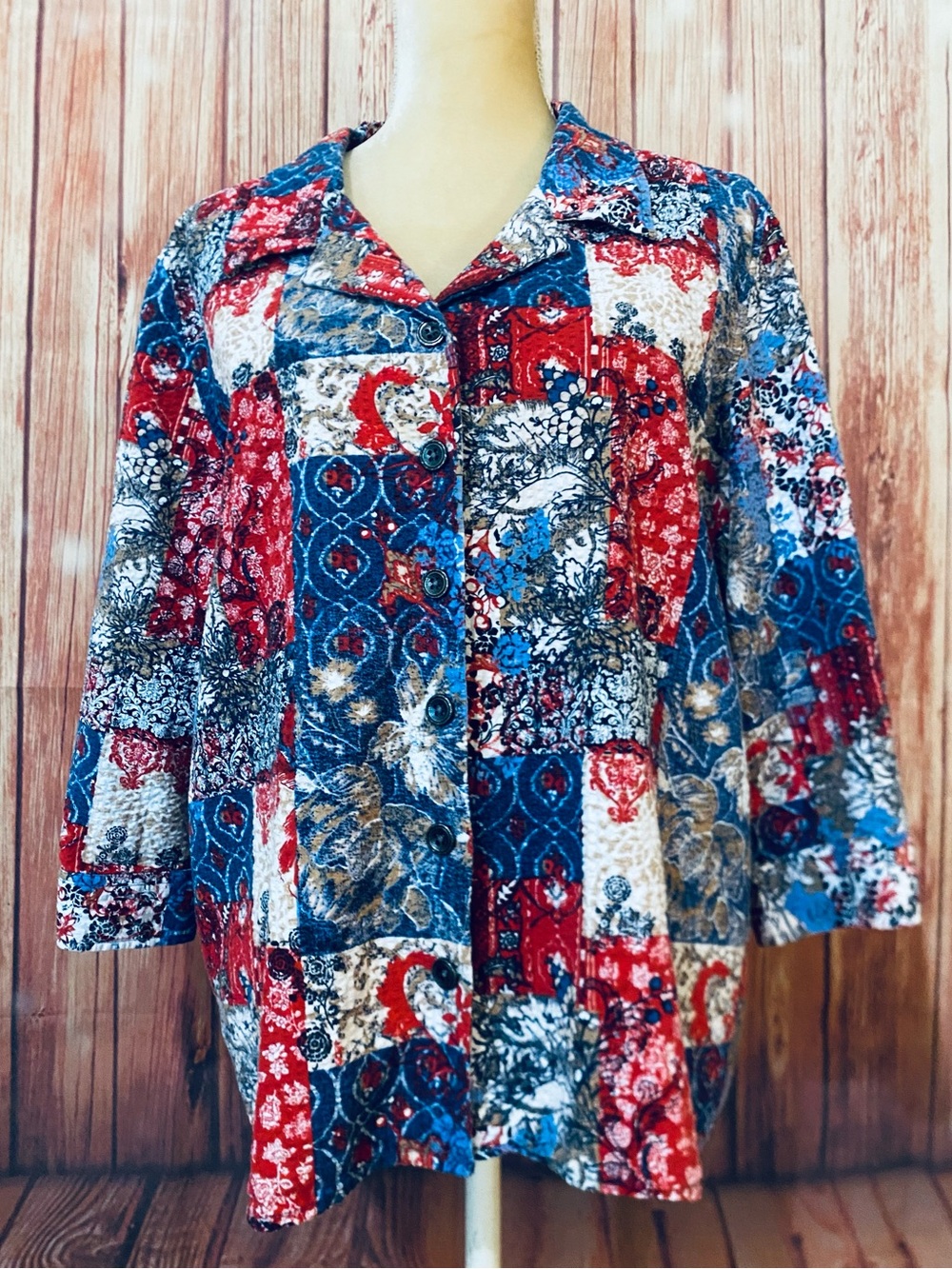 Women’s XL Blouse Button Down 3/4 Sleeves Multicolored Textured 100% Cotton Soft